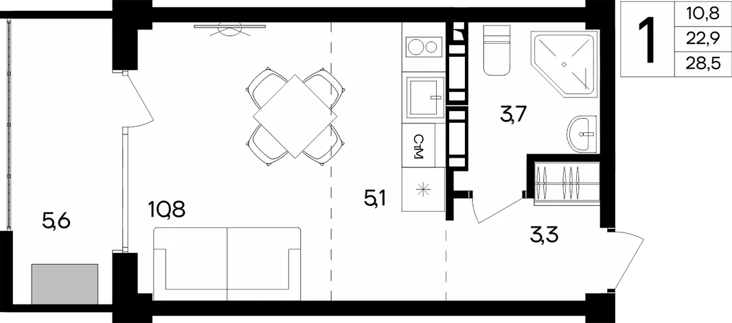 Планировка 1-комн. квартира, 28.5 м² Апарт-комплекс «Альморе»