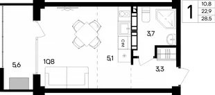 Планировка 1-комн. квартира, 28.5 м² Апарт-комплекс «Альморе»