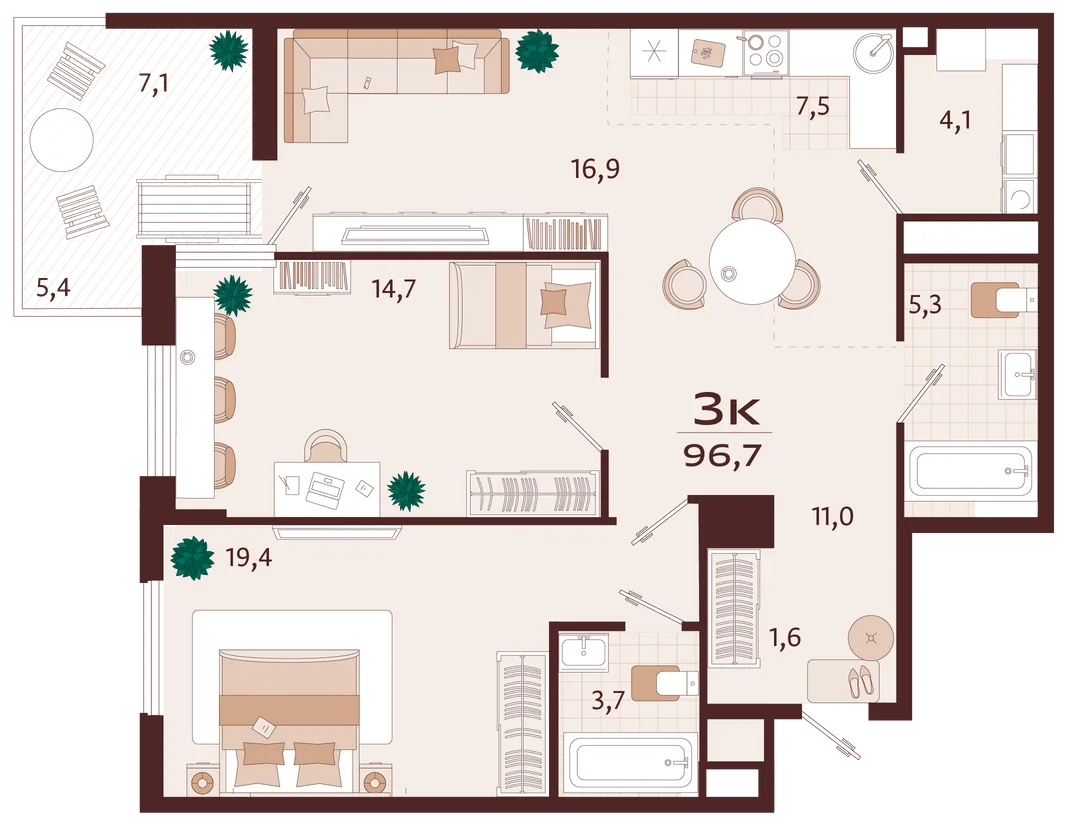 Планировка 3-комн. квартира, 96.7 м² ЖК «Роялта»