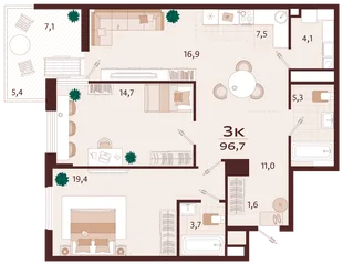 Планировка 3-комн. квартира, 96.7 м² ЖК «Роялта»