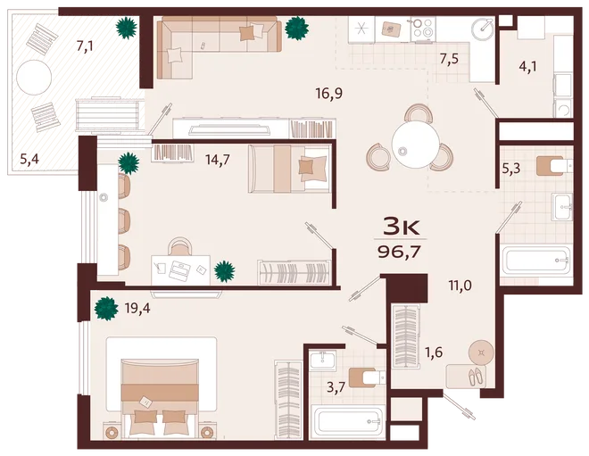 Планировка 3-комн. квартира, 96.7 м² ЖК «Роялта» Планировка 3-комн. квартира, 96.7 м² ЖК «Роялта»