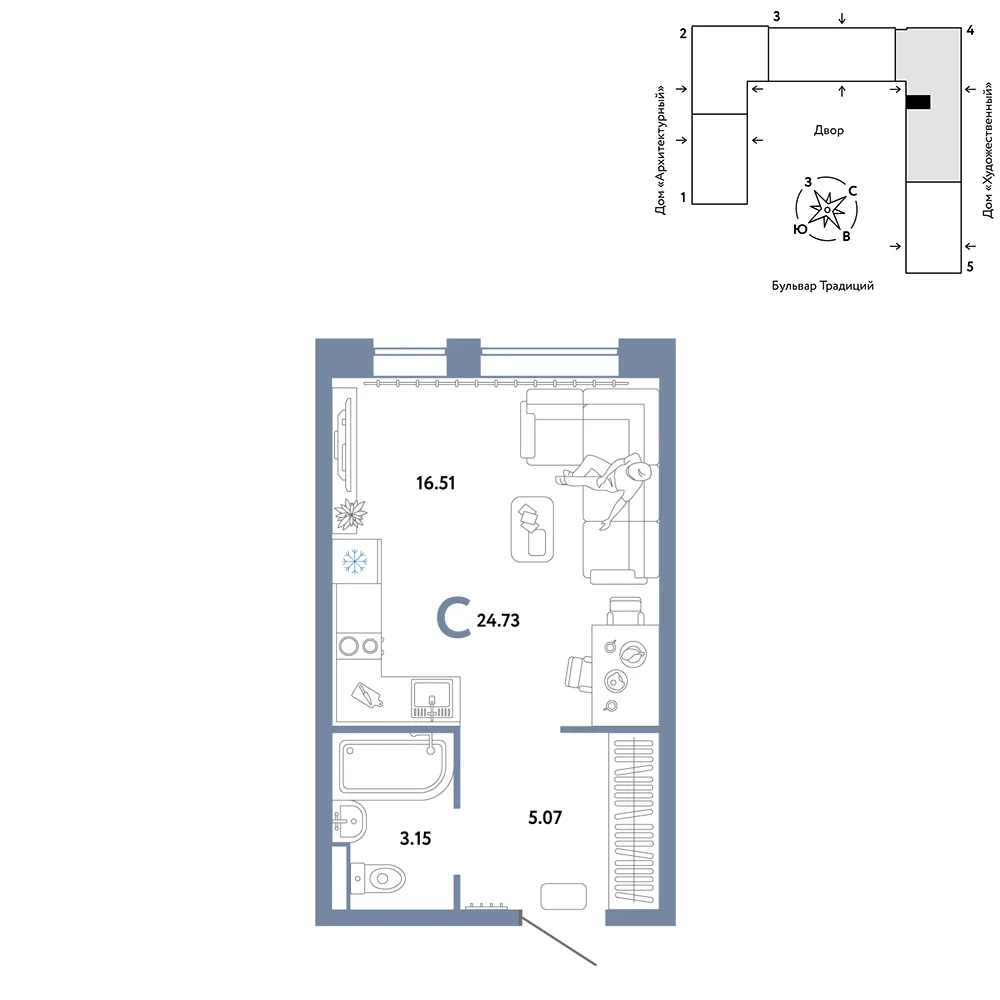 Планировка Студия, 24.73 м² ЖК «Микрорайон Домашний»