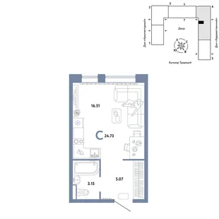 Планировка Студия, 24.73 м² ЖК «Микрорайон Домашний»