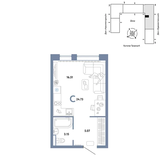 Планировка Студия, 24.73 м² ЖК «Микрорайон Домашний» Планировка Студия, 24.73 м² ЖК «Микрорайон Домашний»