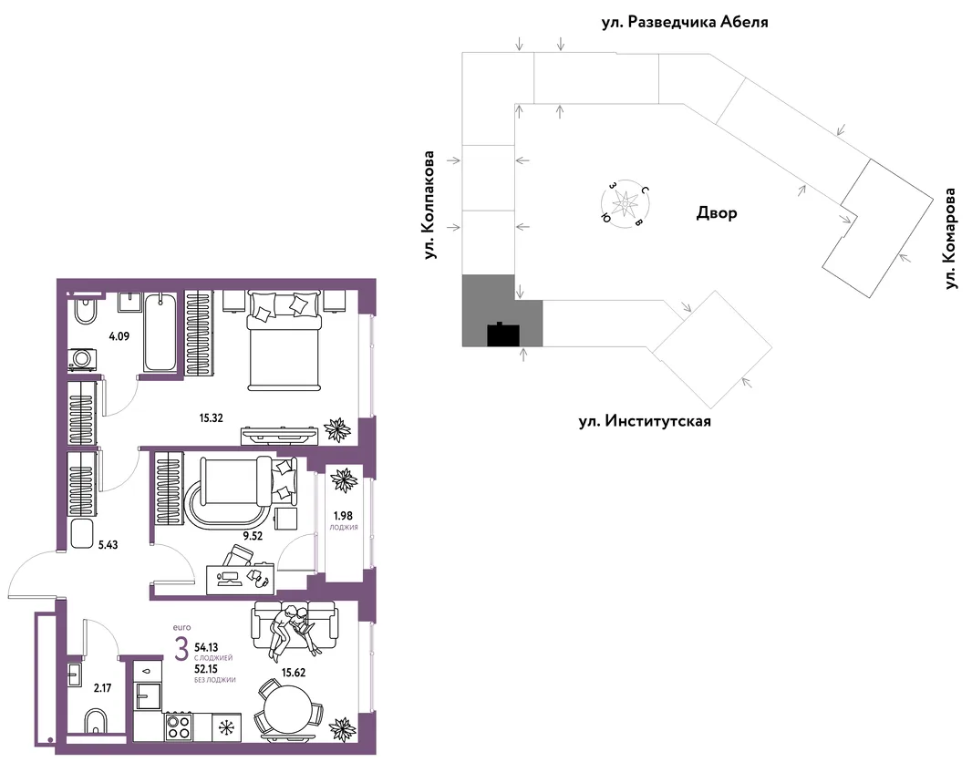 Планировка 3-комн. квартира, 54.13 м² ЖК «Страна.Парковая»