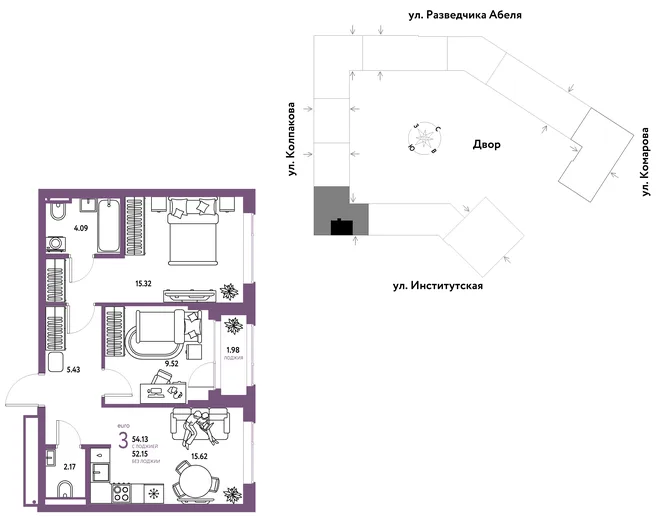 Планировка 3-комн. квартира, 54.13 м² ЖК «Страна.Парковая» Планировка 3-комн. квартира, 54.13 м² ЖК «Страна.Парковая»