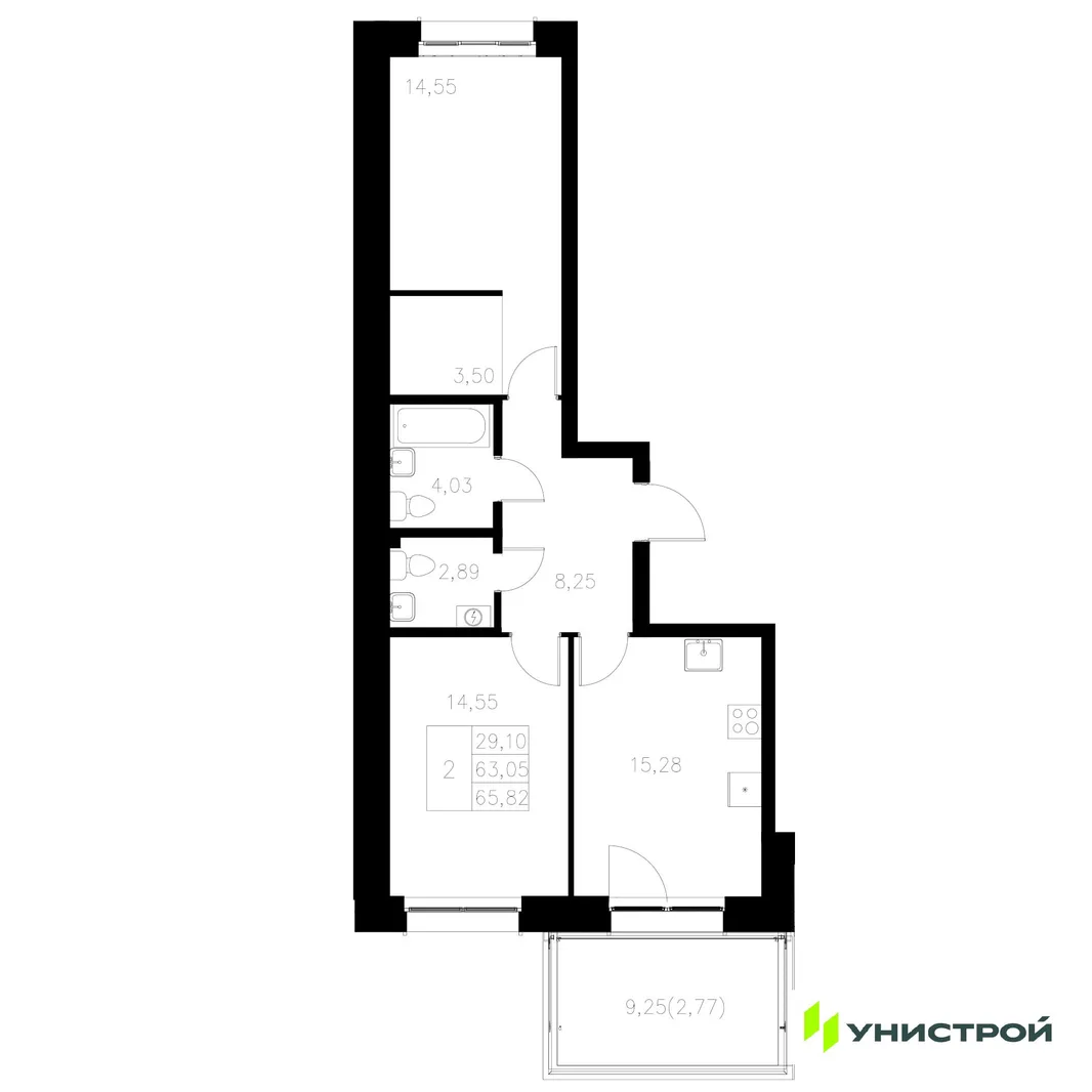 Планировка 2-комн. квартира, 65.82 м² ЖК «Statum»