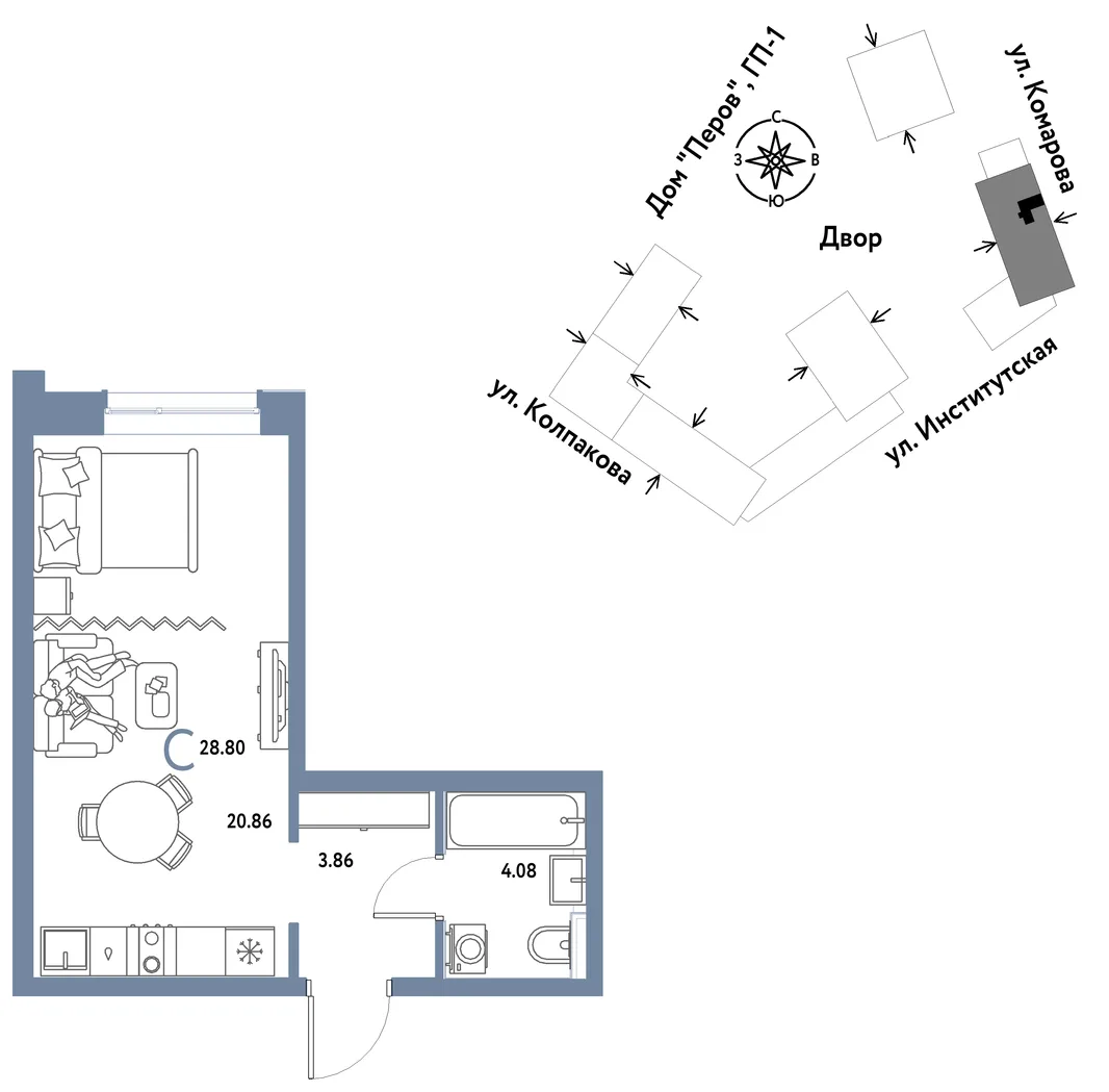 Планировка Студия, 28.8 м² ЖК «Страна.Парковая»