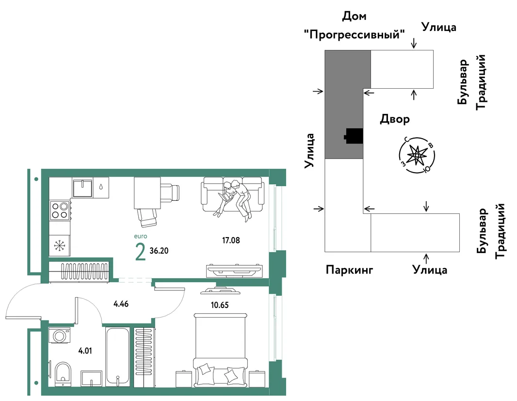 Планировка 2-комн. квартира, 36.2 м² ЖК «Микрорайон Домашний»