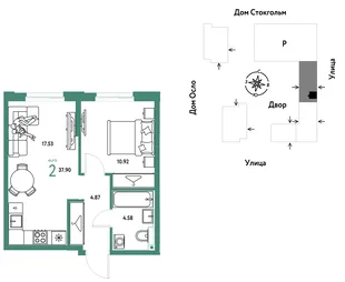 Планировка 2-комн. квартира, 37.9 м² ЖК «Европейский берег 2.0»