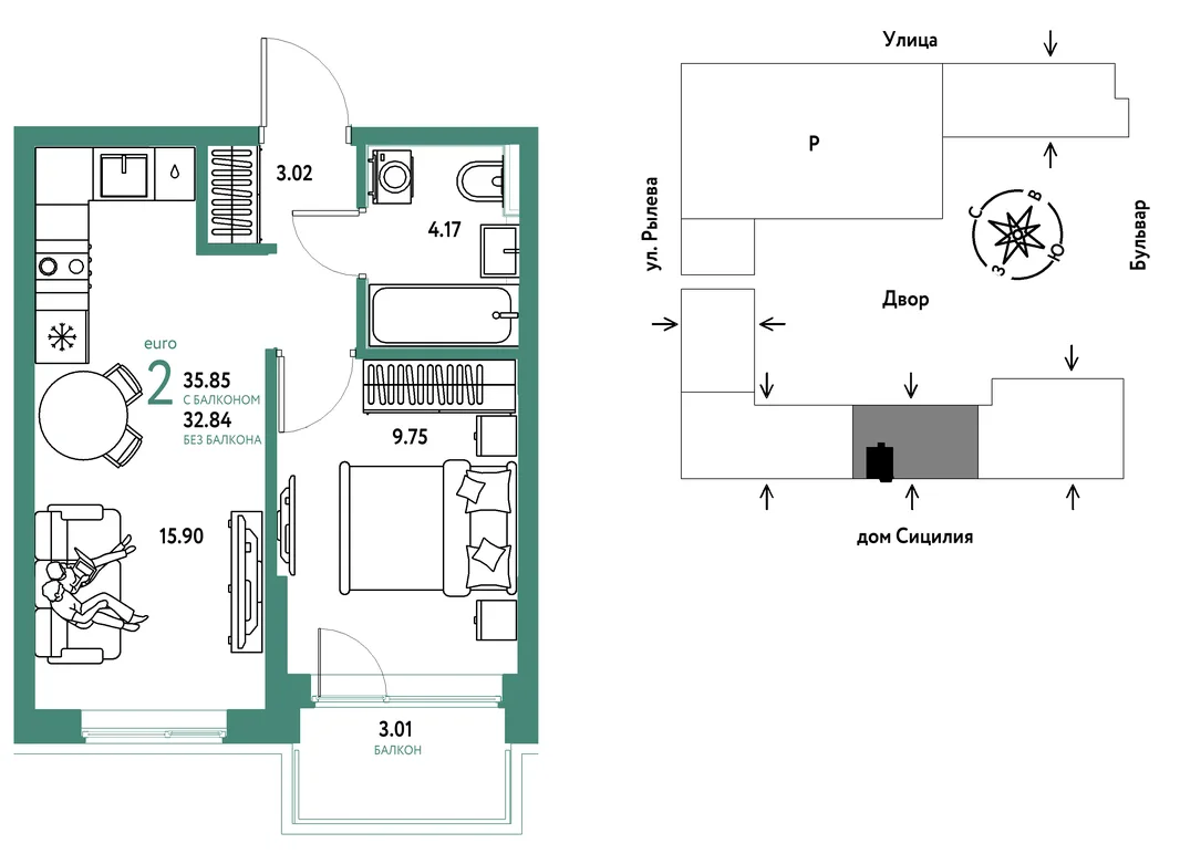 Планировка 2-комн. квартира, 35.85 м² ЖК «Остров-сад»