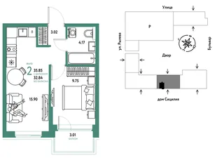 Планировка 2-комн. квартира, 35.85 м² ЖК «Остров-сад»