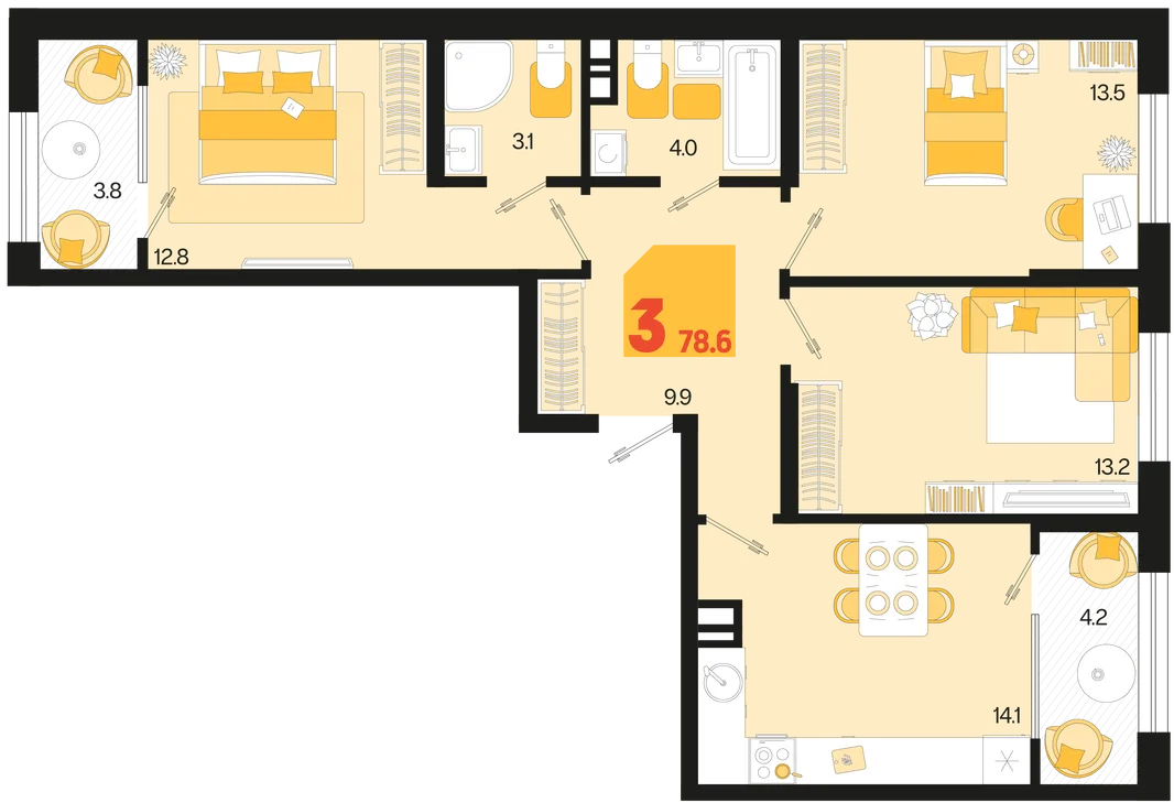 Планировка 3-комн. квартира, 78.6 м² ЖК «Первое место»