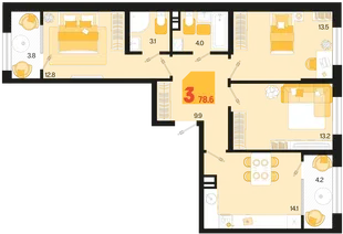Планировка 3-комн. квартира, 78.6 м² ЖК «Первое место»