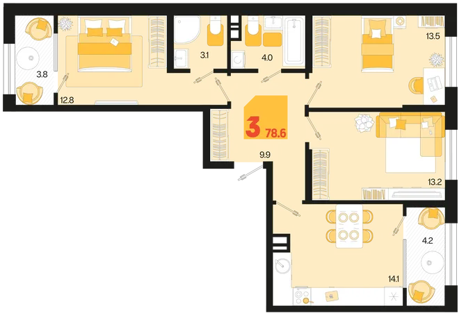 Планировка 3-комн. квартира, 78.6 м² ЖК «Первое место» Планировка 3-комн. квартира, 78.6 м² ЖК «Первое место»