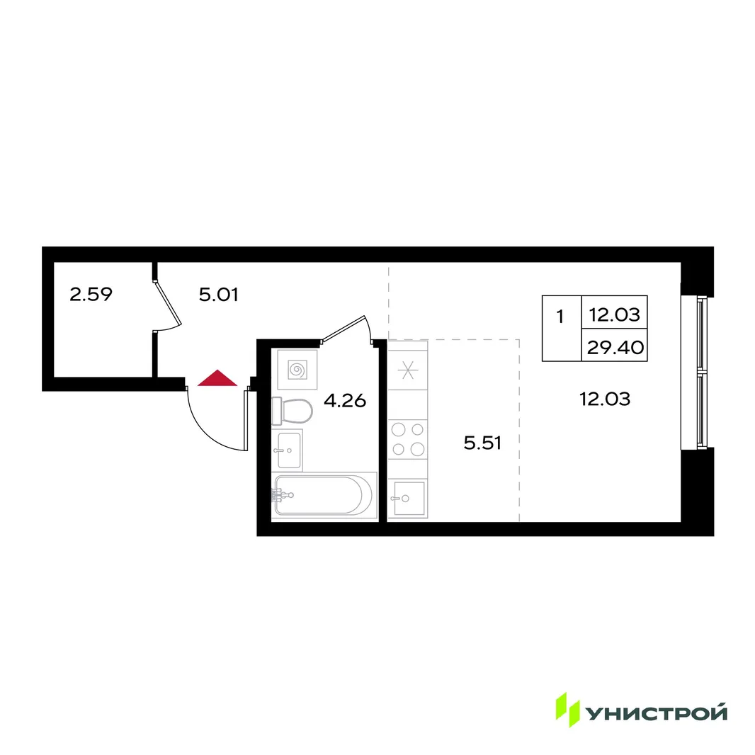 Планировка 1-комн. квартира, 29.4 м² ЖК «Уникум на Энгельса»