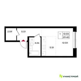 Планировка 1-комн. квартира, 29.4 м² ЖК «Уникум на Энгельса»