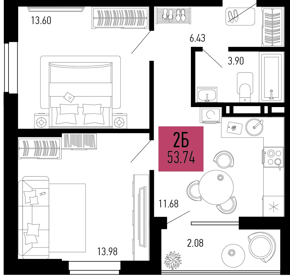 Планировка 2-комн. квартира, 53.74 м² ЖК «Столицыно»