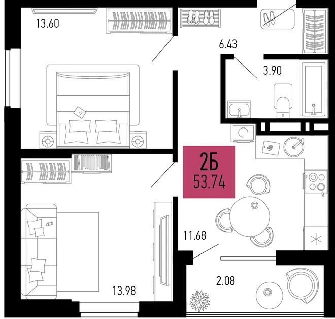 Планировка 2-комн. квартира, 53.74 м² ЖК «Столицыно» Планировка 2-комн. квартира, 53.74 м² ЖК «Столицыно»