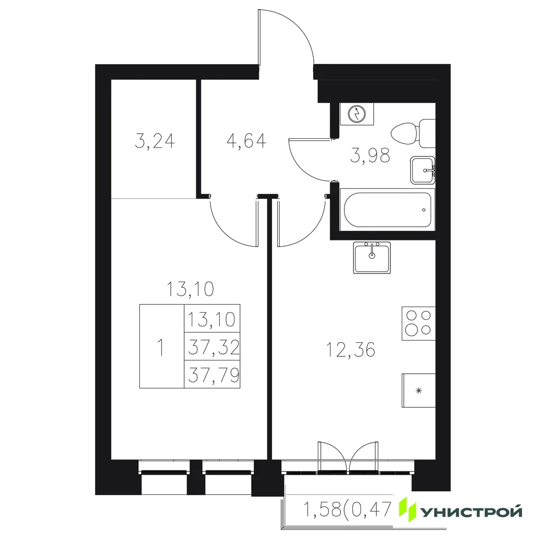 Планировка 1-комн. квартира, 37.79 м² ЖК «Statum»