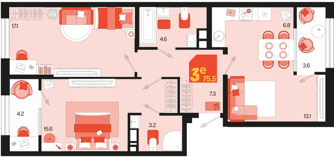 Планировка 3-комн. квартира, 75.5 м² ЖК «Первое место»