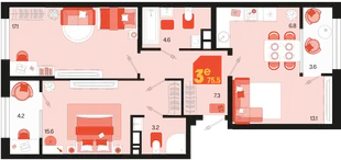 Планировка 3-комн. квартира, 75.5 м² ЖК «Первое место»