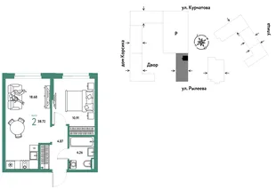 Планировка 2-комн. квартира, 38.69 м² ЖК «Остров-сад»