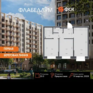 Планировка 3-комн. квартира, 53.3 м² ЖК «Флабеллум»