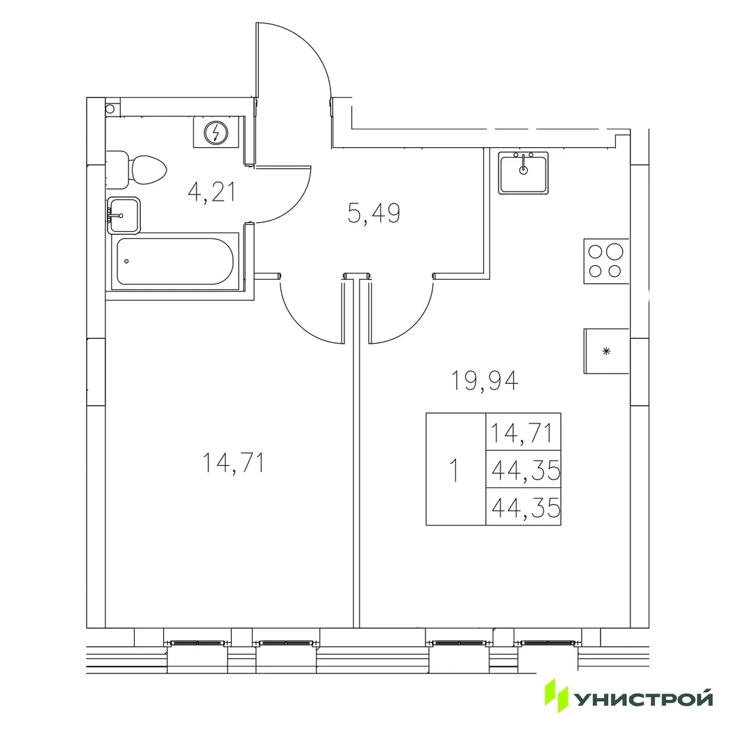 Планировка 1-комн. квартира, 44.35 м² ЖК «Statum»