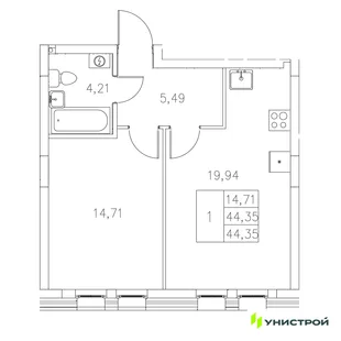 Планировка 1-комн. квартира, 44.35 м² ЖК «Statum»