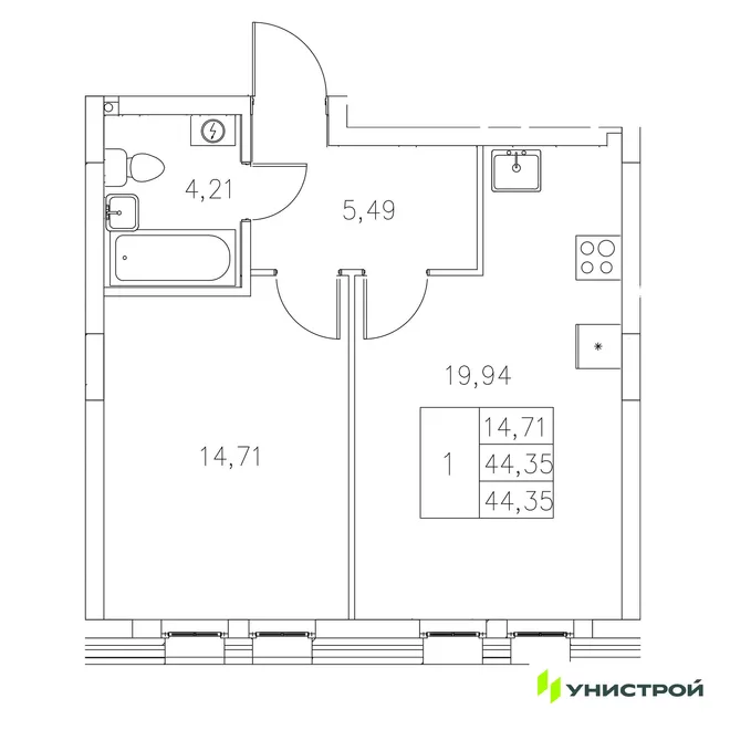 Планировка 1-комн. квартира, 44.35 м² ЖК «Statum» Планировка 1-комн. квартира, 44.35 м² ЖК «Statum»