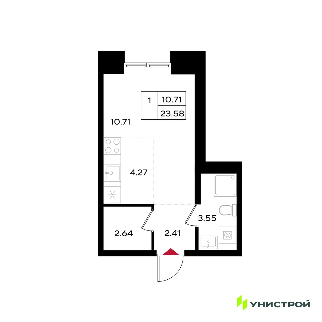 Планировка 1-комн. квартира, 23.58 м² ЖК «Уникум на Энгельса»