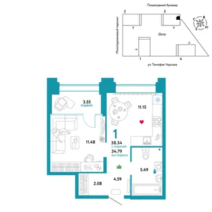 Планировка 1-комн. квартира, 38.34 м² ЖК «Микрорайон Звездный»