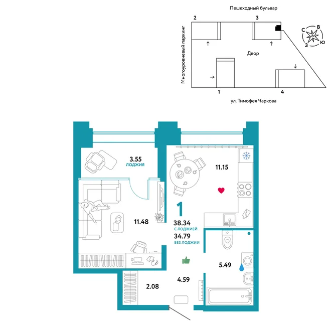 Планировка 1-комн. квартира, 38.34 м² ЖК «Микрорайон Звездный» Планировка 1-комн. квартира, 38.34 м² ЖК «Микрорайон Звездный»