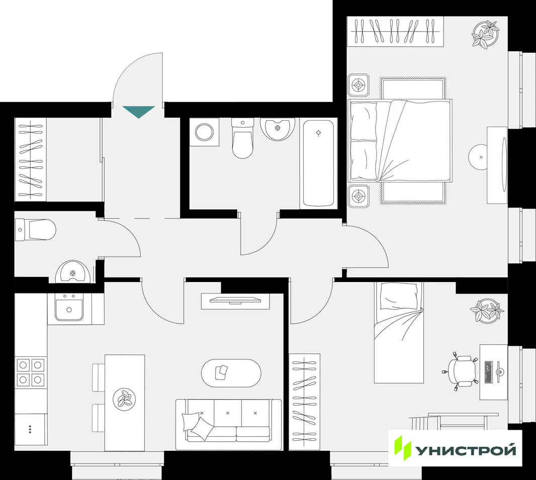 Планировка 2-комн. квартира, 59.84 м² ЖК «Уникум на Амирхана»