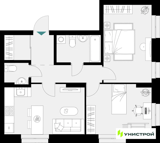 Планировка 2-комн. квартира, 59.84 м² ЖК «Уникум на Амирхана» Планировка 2-комн. квартира, 59.84 м² ЖК «Уникум на Амирхана»