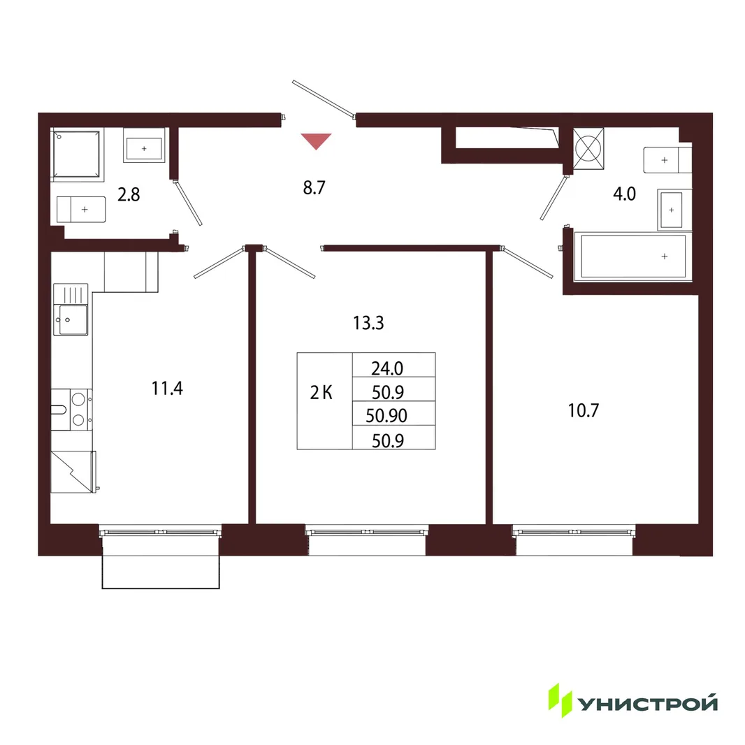 Планировка 2-комн. квартира, 50.9 м² ЖК «Лисино»