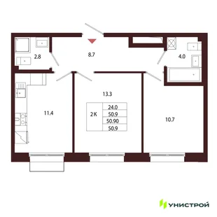 Планировка 2-комн. квартира, 50.9 м² ЖК «Лисино»