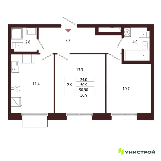 Планировка 2-комн. квартира, 50.9 м² ЖК «Лисино» Планировка 2-комн. квартира, 50.9 м² ЖК «Лисино»