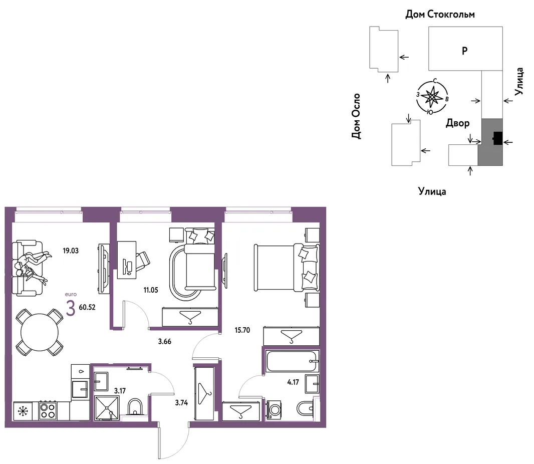 Планировка 3-комн. квартира, 60.52 м² ЖК «Европейский берег 2.0»