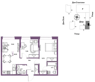 Планировка 3-комн. квартира, 60.52 м² ЖК «Европейский берег 2.0»