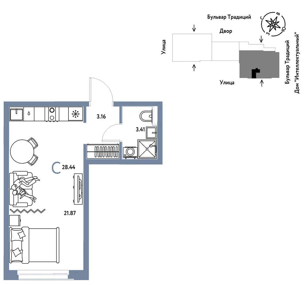 Планировка Студия, 28.44 м² ЖК «Микрорайон Домашний»