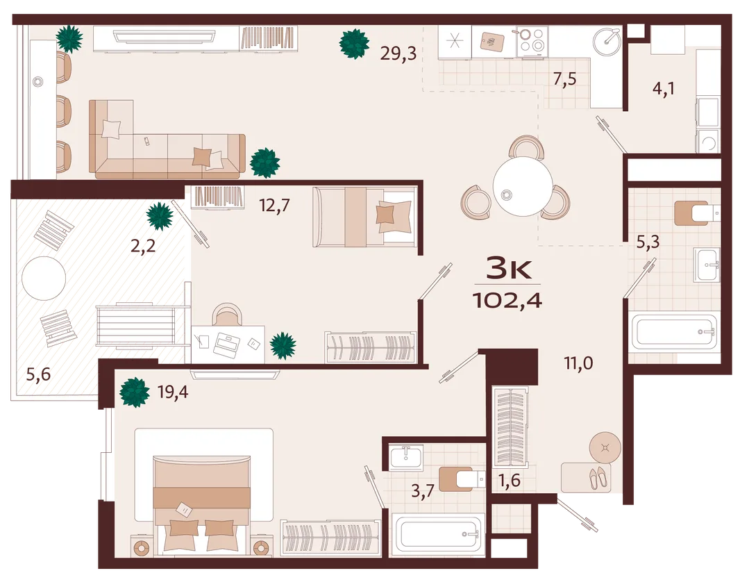 Планировка 3-комн. квартира, 102.3 м² ЖК «Роялта»