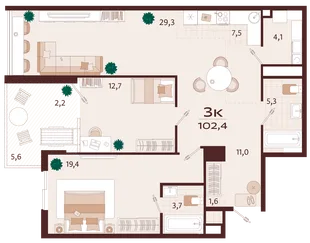 Планировка 3-комн. квартира, 102.3 м² ЖК «Роялта»