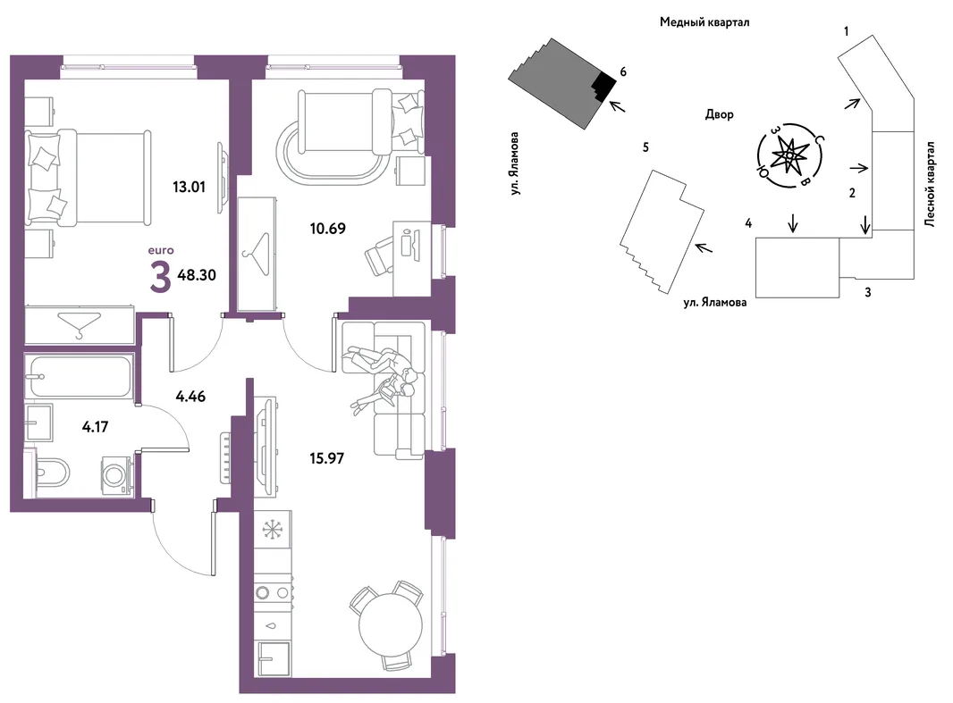 Планировка 3-комн. квартира, 48.3 м² ЖК «Сибирский сад»