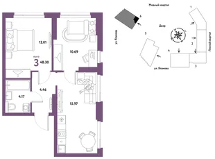 Планировка 3-комн. квартира, 48.3 м² ЖК «Сибирский сад»