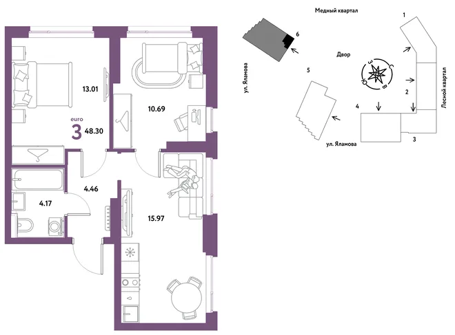 Планировка 3-комн. квартира, 48.3 м² ЖК «Сибирский сад» Планировка 3-комн. квартира, 48.3 м² ЖК «Сибирский сад»
