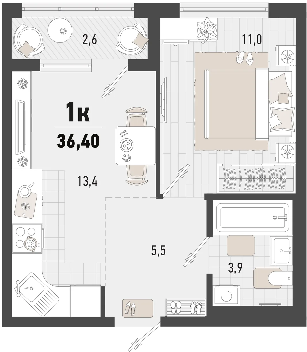 Планировка 1-комн. квартира, 36.4 м² ЖК «Барса»