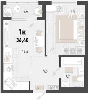 Планировка 1-комн. квартира, 36.4 м² ЖК «Барса»