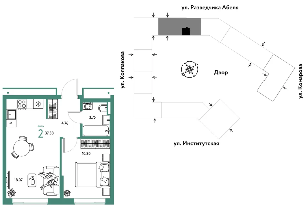 Планировка 2-комн. квартира, 37.38 м² ЖК «Страна.Парковая»